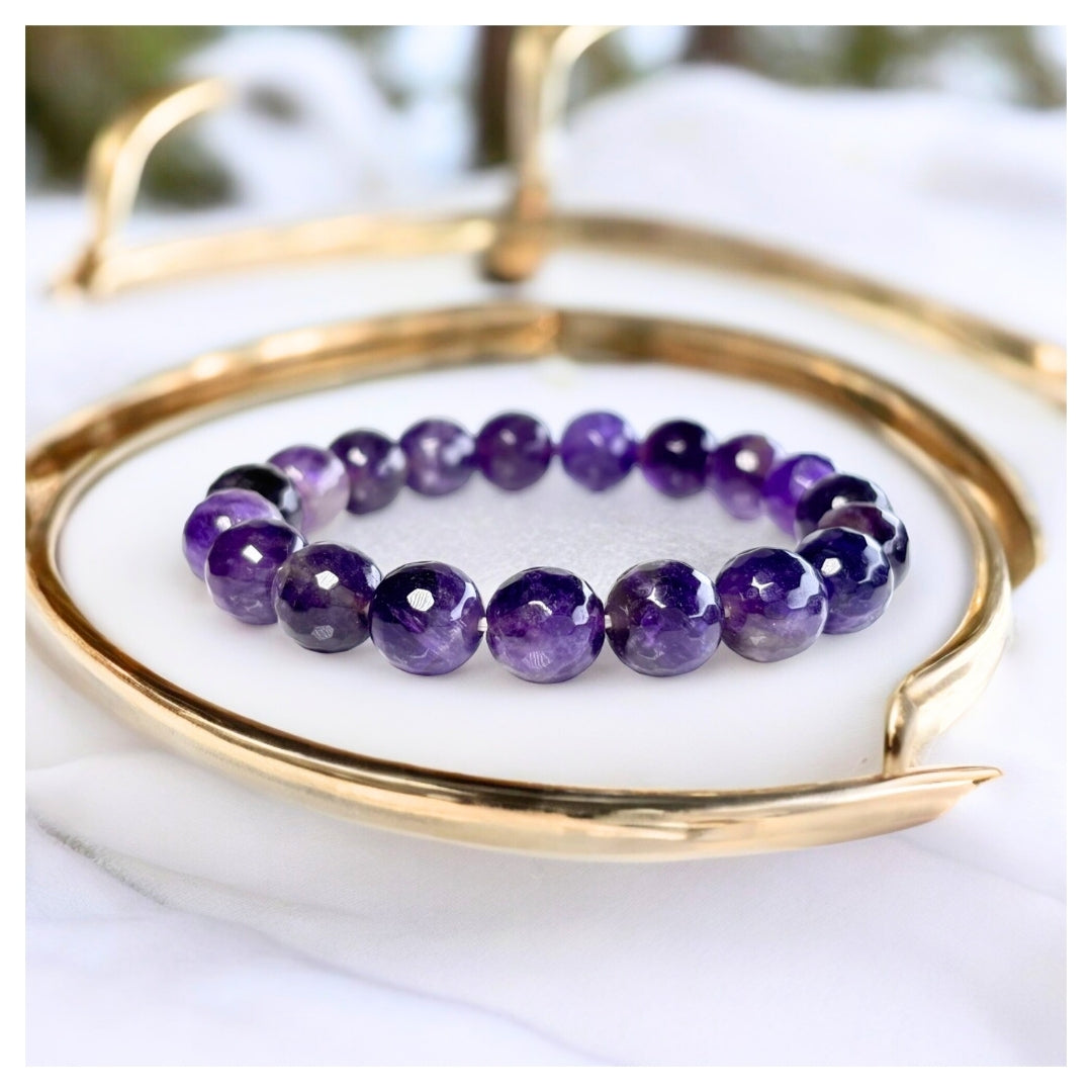 latatva amethyst gemstone beaded bracelet on white and gold tray, elegant jewelry display