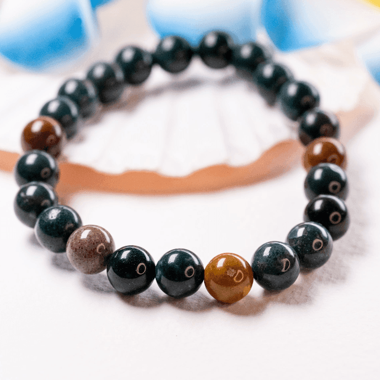 latatva bloodstone gemstone beaded bracelet with multicolored round beads on white background