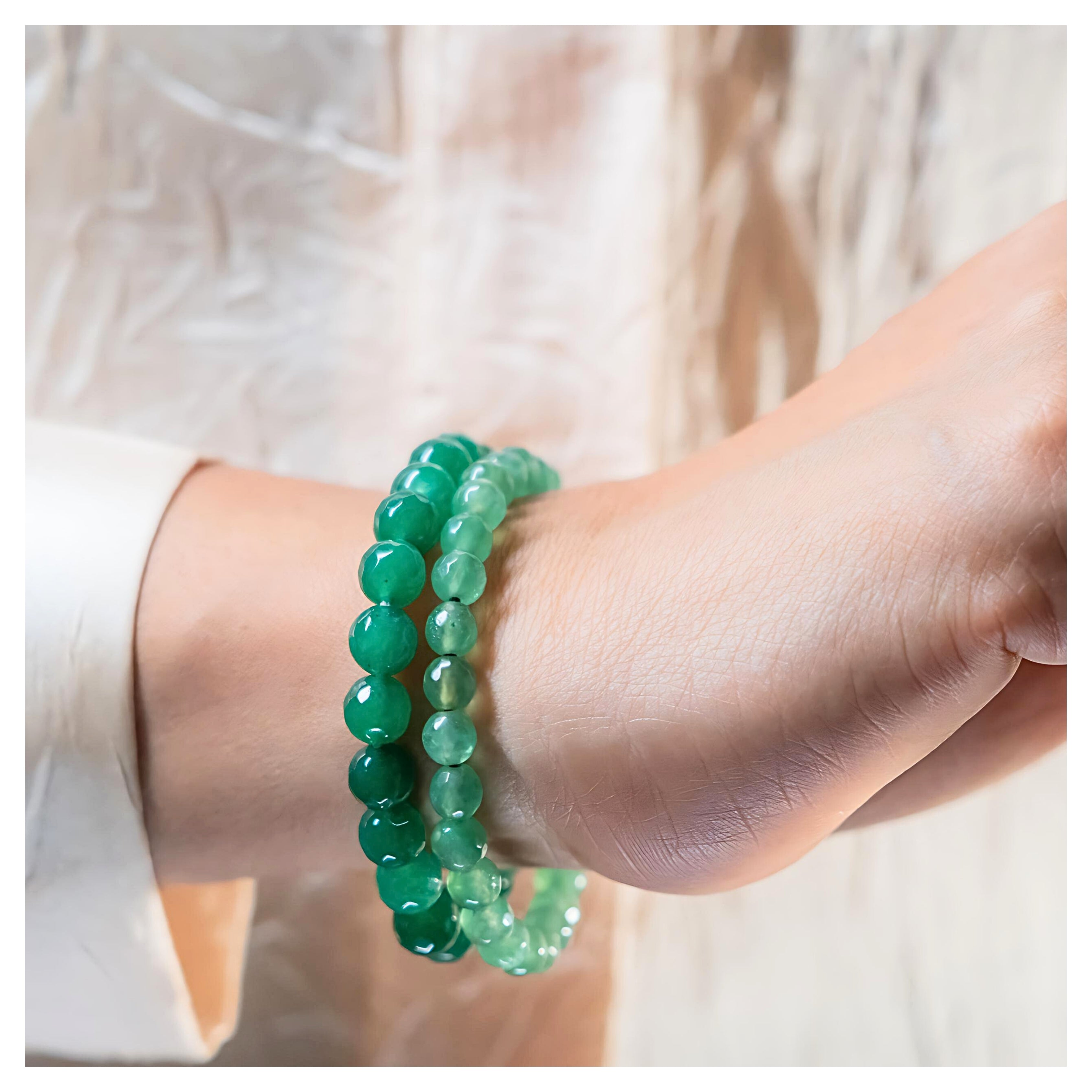 latatva green aventurine gemstone beaded bracelets on wrist, close-up shot