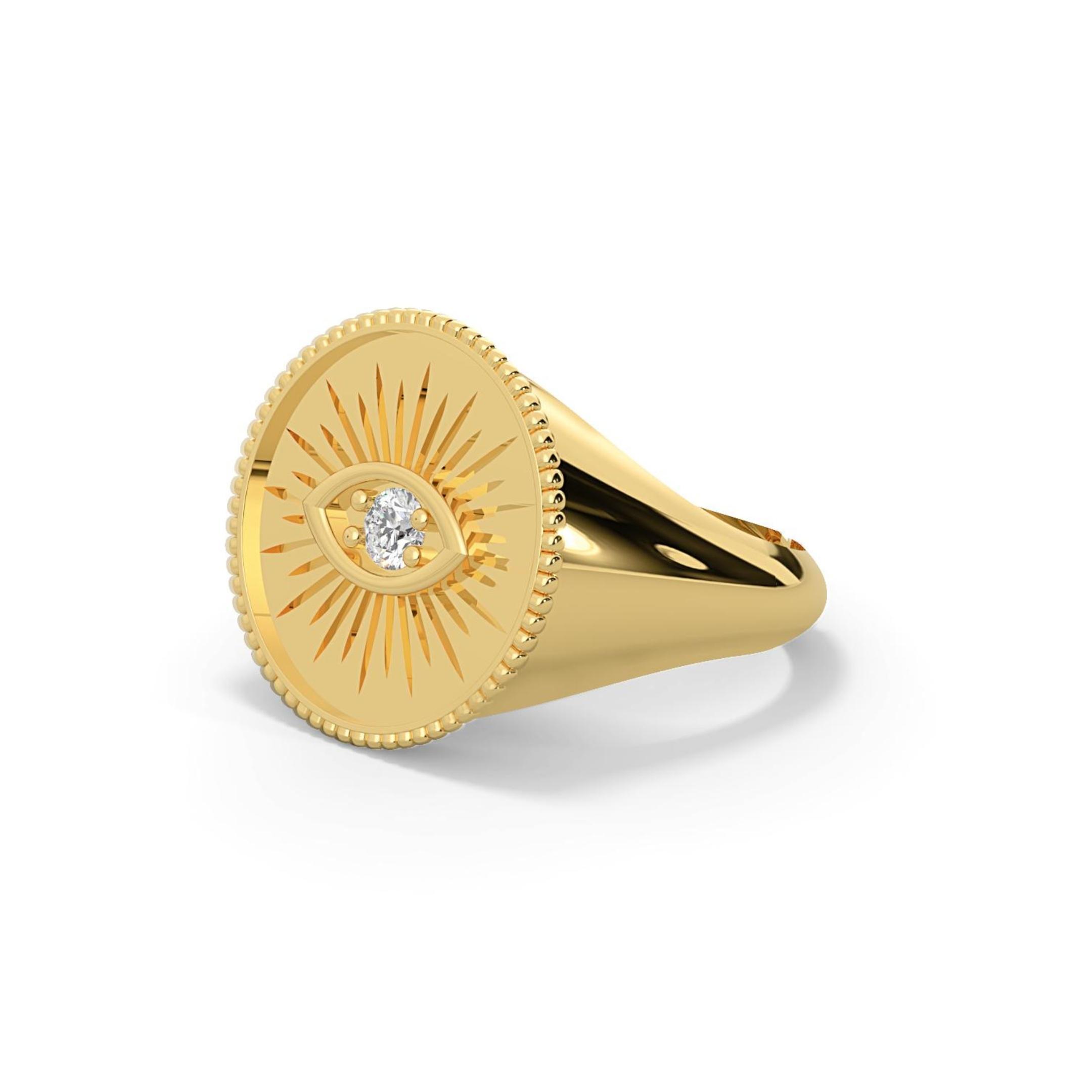 latatva gold ring with sunburst and evil eye design set with central gemstone