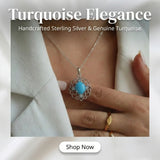 Turquoise pendant necklace on a person wearing a white jacket, with 'Turquoise Elegance' text above.