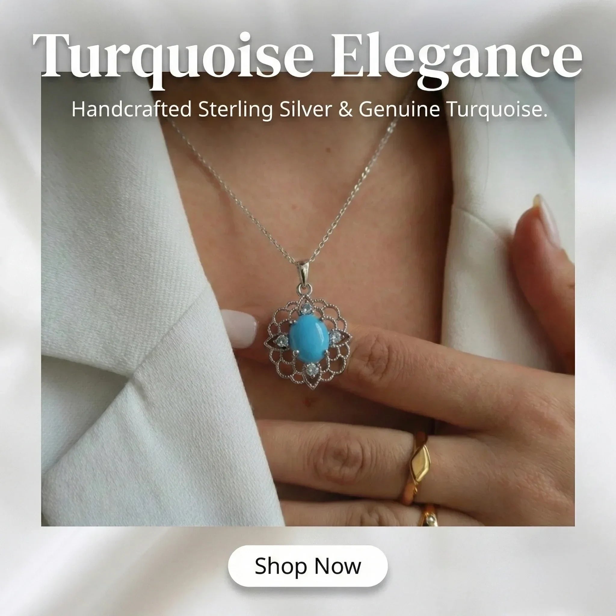 Turquoise pendant necklace on a person wearing a white jacket, with 'Turquoise Elegance' text above.