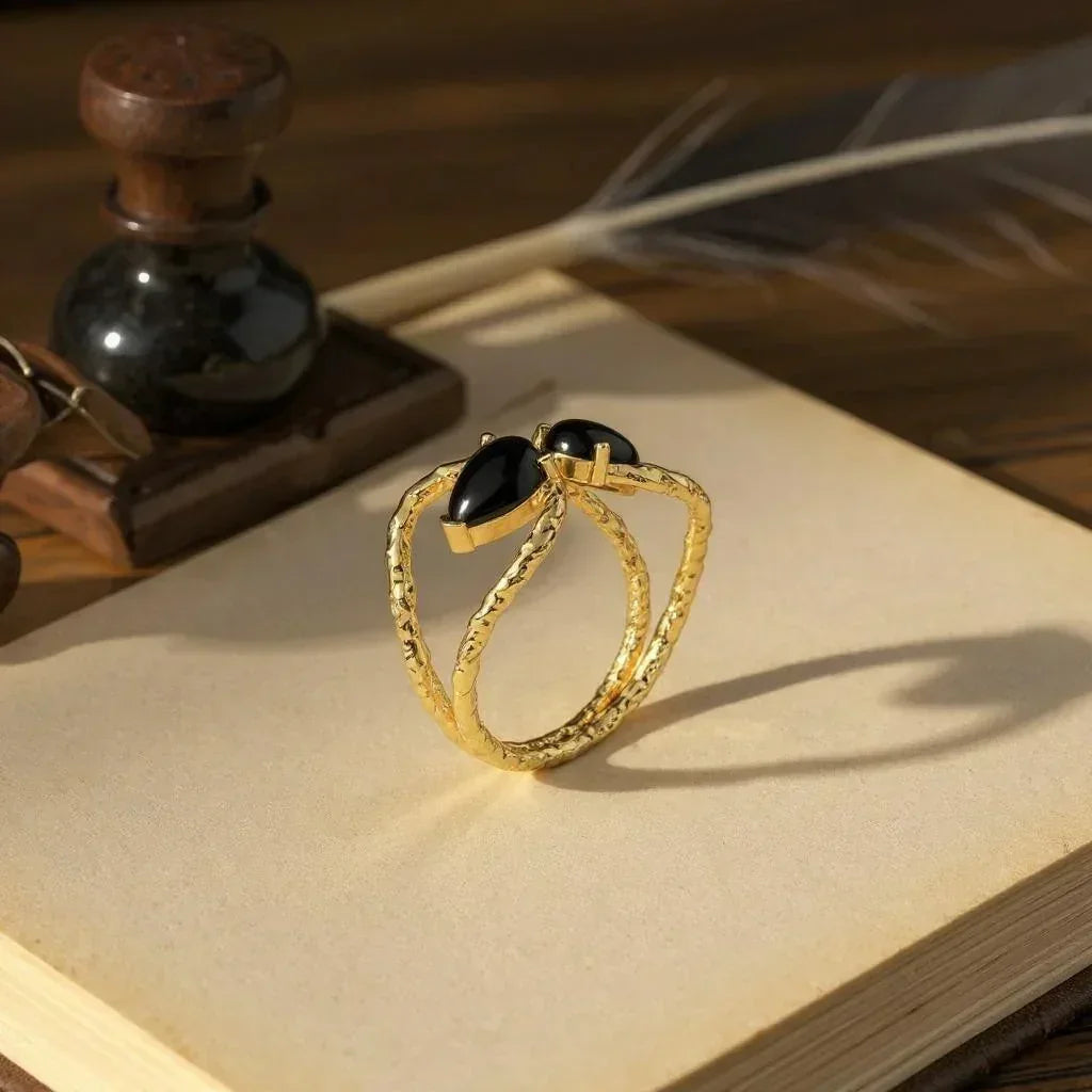 Handmade Black Onyx Gold Tiara Ring - LA TATVA