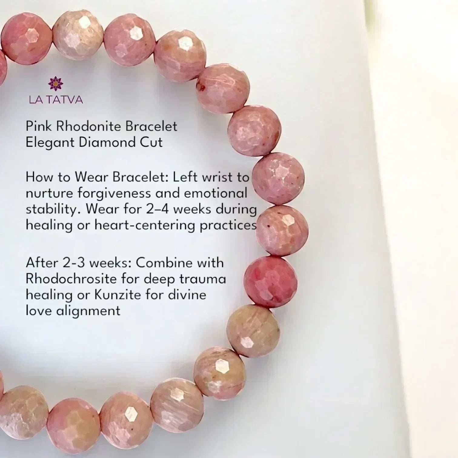 LA TATVA pink rhodonite gemstone stretch bracelet with elegant diamond-cut beads for healing and compassion.