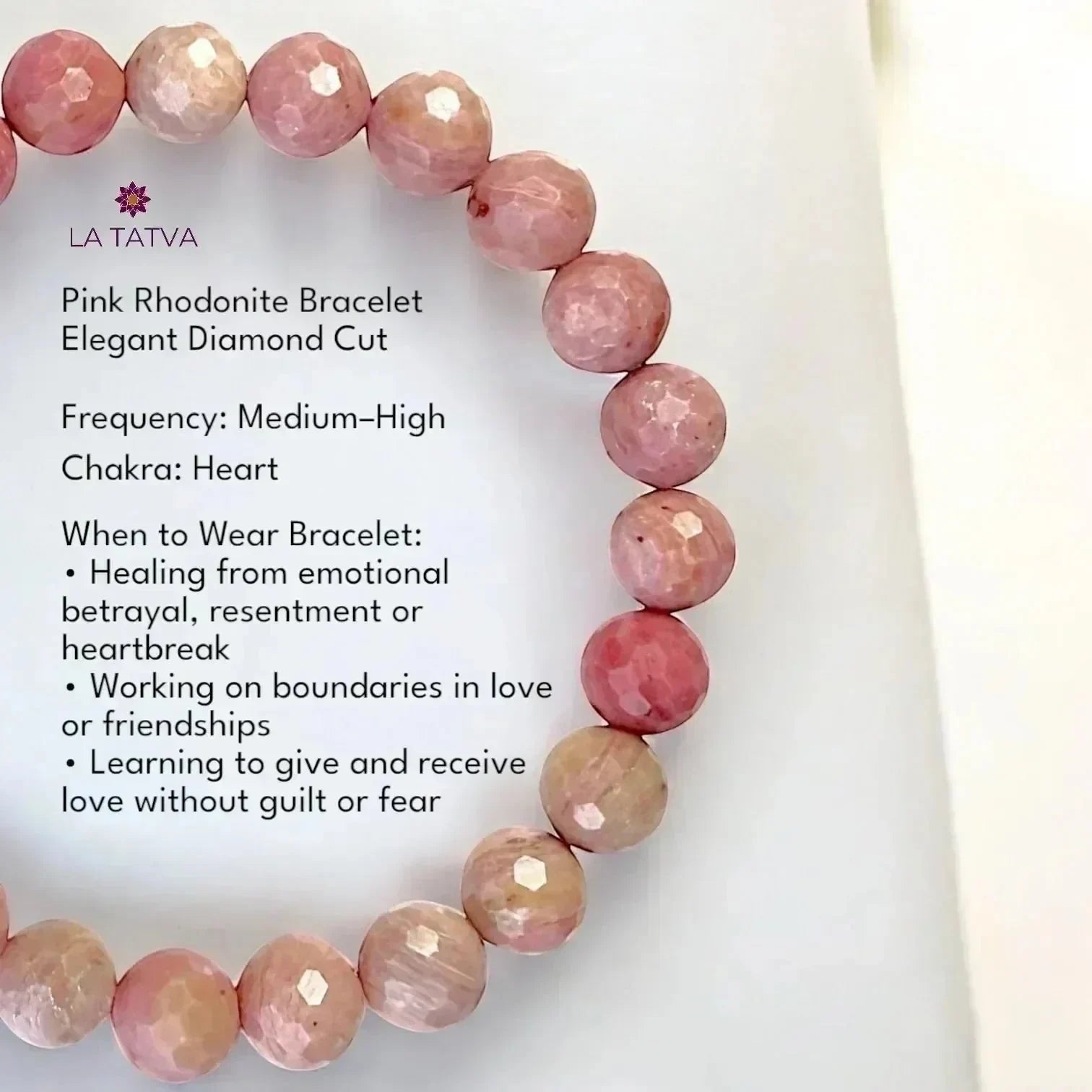 LA TATVA pink rhodonite gemstone stretch bracelet with diamond-cut beads for heart chakra healing and compassion.