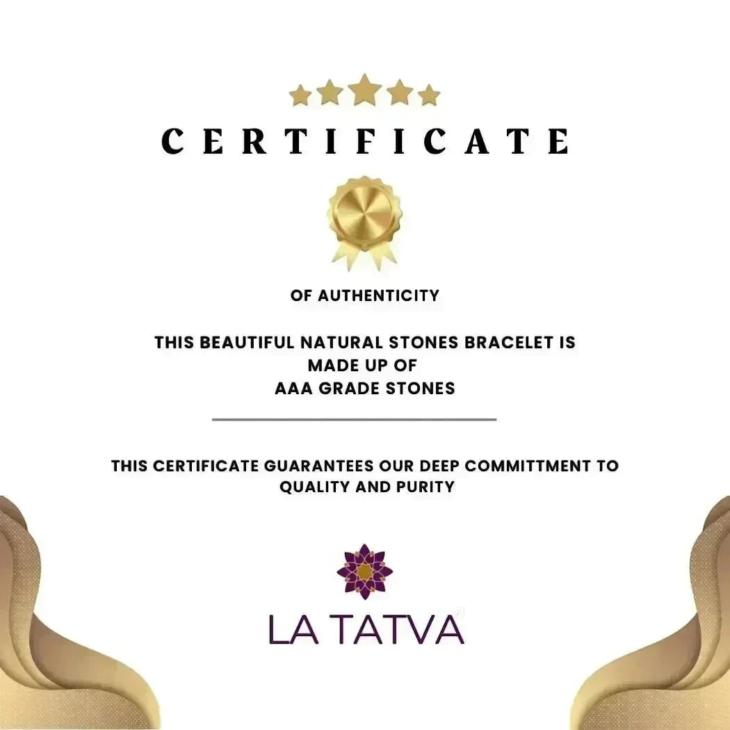 LA TATVA certificate of authenticity for AAA grade natural gemstone bracelets with gold accents and elegant branding.