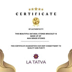 LA TATVA certificate of authenticity for AAA grade natural gemstone bracelets with gold accents and elegant branding.