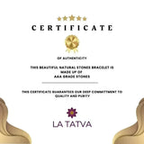 LA TATVA certificate of authenticity for AAA grade natural gemstone bracelets with gold accents and elegant branding.