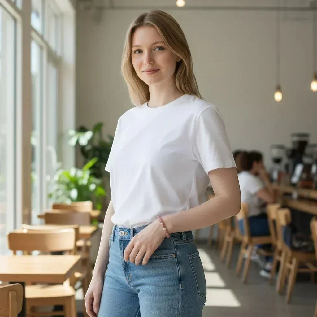 A woman wearing a LA TATVA natural pink rhodonite gemstone bead stretch bracelet in a bright, modern cafe setting.