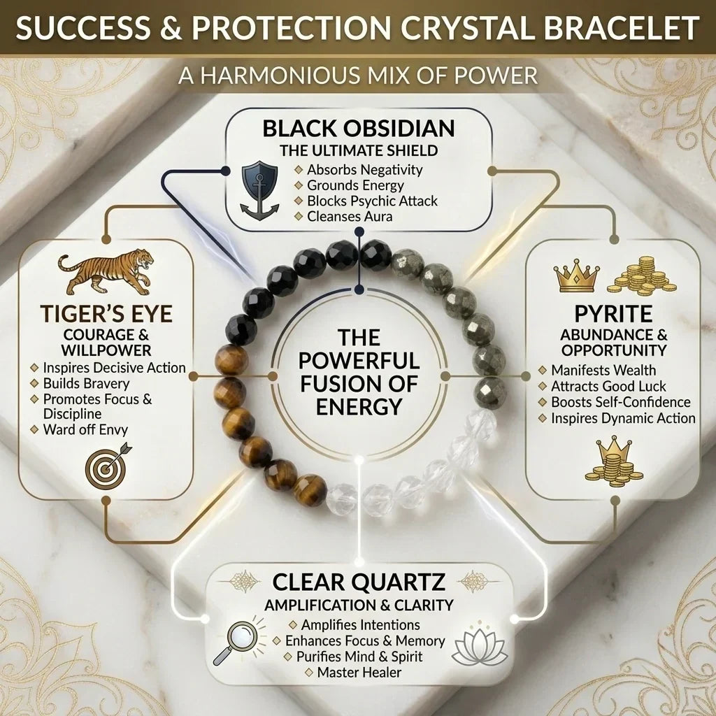 Success & Protection Mixel Bracelet | Tiger Eye, Black Obsidian, Clear Quartz & Pyrite